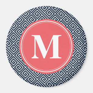 Navy Blue Greek Key Pattern Watermelon Monogram Magneet