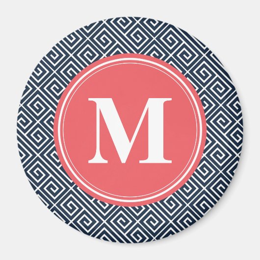 Navy Blue Greek Key Pattern Watermelon Monogram Magneet (Voorkant)