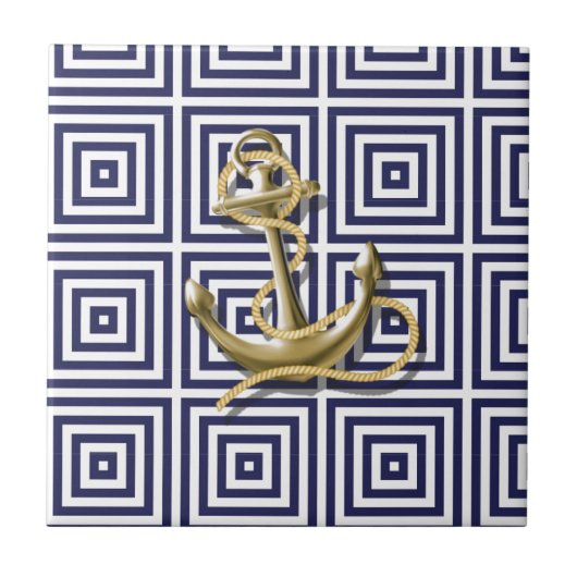 Navy Blue greek patroon preppy nautical Anchor Tegeltje (Voorkant)