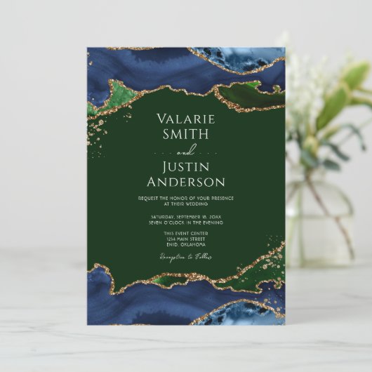 Navy Blue & Green Agate Wedding Kaart (Staand voorkant)