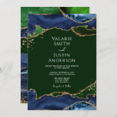 Navy Blue & Green Agate Wedding Kaart (Voorkant / Achterkant)