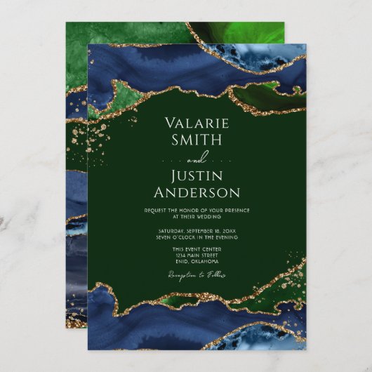 Navy Blue & Green Agate Wedding Kaart (Voorkant / Achterkant)