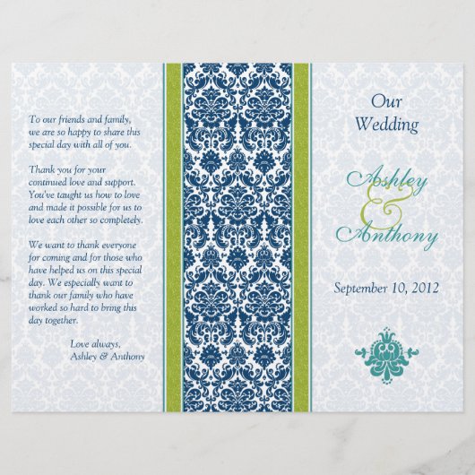 Navy Blue, Green, Blauwgroen Damask Wedding Progra (Voorkant)