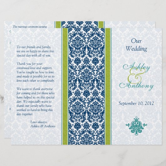 Navy Blue, Green, Blauwgroen Damask Wedding Progra (Voorkant / Achterkant)