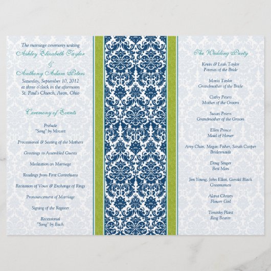 Navy Blue, Green, Blauwgroen Damask Wedding Progra (Achterkant)
