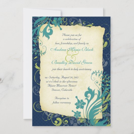 Navy Blue Green Blauwgroen Floral Wedding Invitati Kaart (Voorkant)