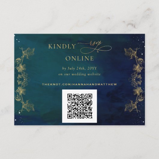 Navy, Blue, Green Celestial QR Code RSVP Weddensch Informatiekaartje (Voorkant)
