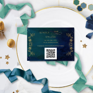 Navy, Blue, Green Celestial QR Code RSVP Weddensch Informatiekaartje