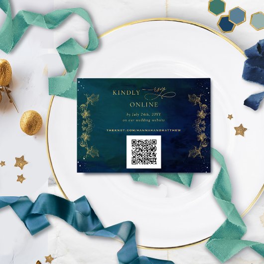 Navy, Blue, Green Celestial QR Code RSVP Weddensch Informatiekaartje
