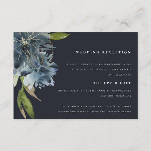 NAVY BLUE GREEN GOLD FLORAL WATERVERF RECEPT INFORMATIEKAARTJE (Voorkant)