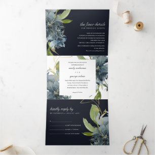 NAVY BLUE GREEN GOLD FLORAL WATERVERF WEDING DRIELUIK UITNODIGING