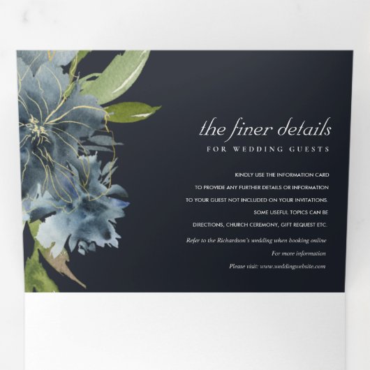 NAVY BLUE GREEN GOLD FLORAL WATERVERF WEDING DRIELUIK UITNODIGING (Binnenzijde eerst)