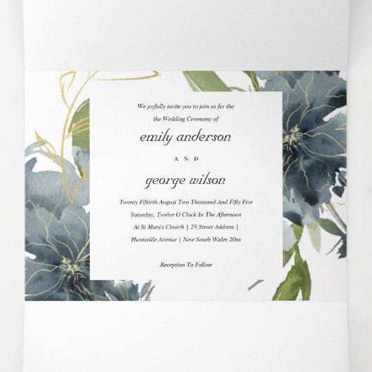 NAVY BLUE GREEN GOLD FLORAL WATERVERF WEDING DRIELUIK UITNODIGING (Binnenkant midden)