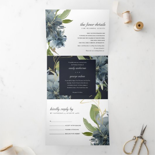 NAVY BLUE GREEN GOLD FLORAL WATERVERF WEDING DRIELUIK UITNODIGING (Binnen)