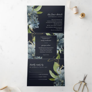 NAVY BLUE GREEN GOLD FLORAL WATERVERF WEDING DRIELUIK UITNODIGING