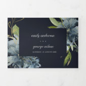 NAVY BLUE GREEN GOLD FLORAL WATERVERF WEDING DRIELUIK UITNODIGING (Cover)