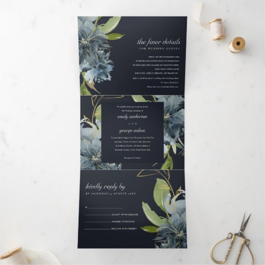 NAVY BLUE GREEN GOLD FLORAL WATERVERF WEDING DRIELUIK UITNODIGING (Binnen)