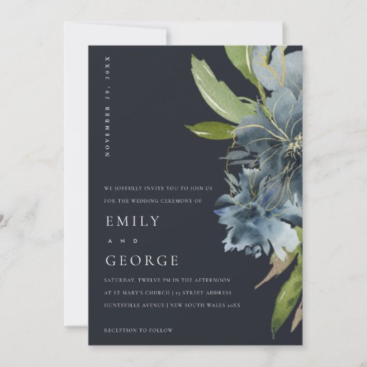 NAVY BLUE GREEN GOLD FLORAL WEDDING INVITE BEDANKKAART (Voorkant)