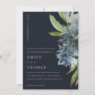 NAVY BLUE GREEN GOLD FLORAL WEDDING INVITE BEDANKKAART