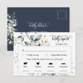 Navy Blue Green Leaves Response Kaart 4 maaltijdke (Voorkant / Achterkant)