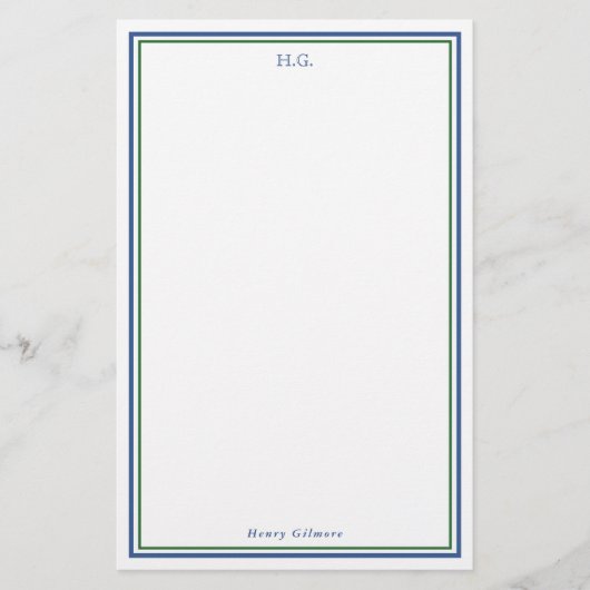 Navy Blue Green Monogrammed Briefpapier (Voorkant)