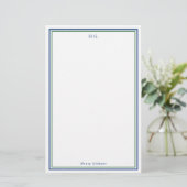 Navy Blue Green Monogrammed Briefpapier (Staand voorkant)