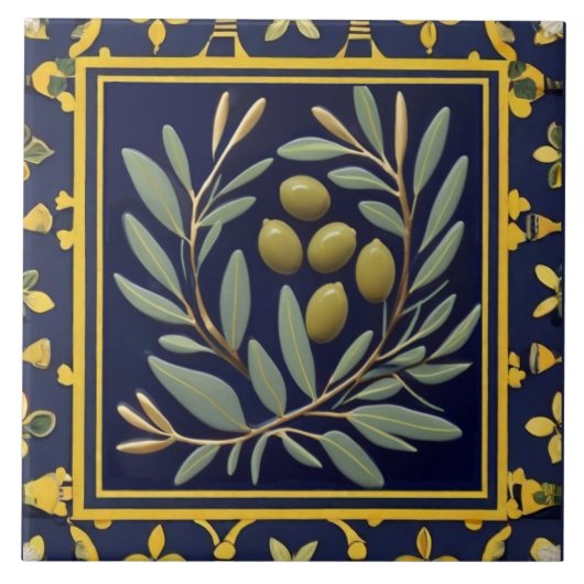 Navy Blue Green Olives Mediterranean Olive Branch Tegeltje (Voorkant)