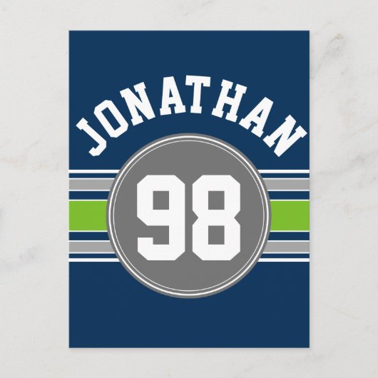 Navy blue Green Sports Jersey Stripes Name Number Briefkaart (Voorkant)