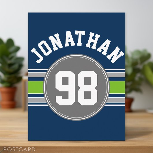 Navy blue Green Sports Jersey Stripes Name Number Briefkaart