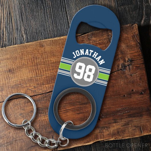 Navy blue Green Sports Jersey Stripes Name Number Mini Flessenopener