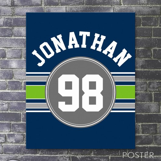Navy blue Green Sports Jersey Stripes Name Number Poster