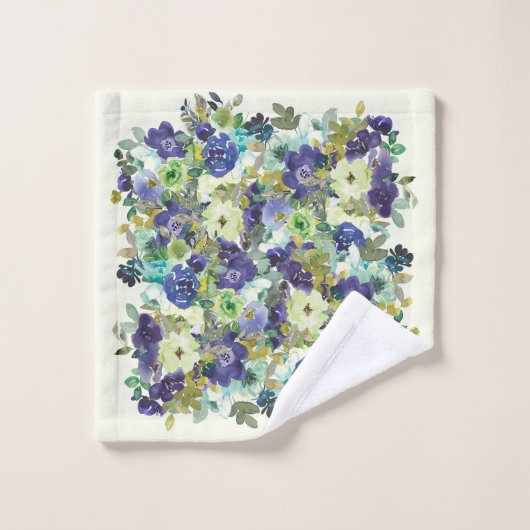 Navy Blue Green Waterverf Floral Bad Handdoek (Wasdoekje)