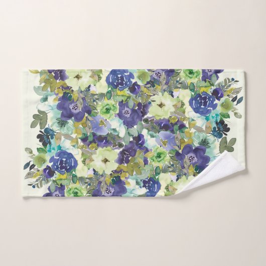 Navy Blue Green Waterverf Floral Bad Handdoek (Handdoek)