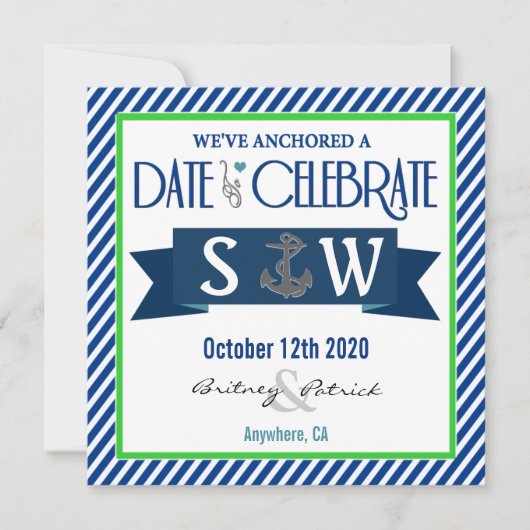 Navy Blue Green White Nautical Wedding Invitations Kaart (Voorkant)
