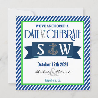 Navy Blue Green White Nautical Wedding Invitations Kaart