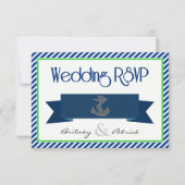 Navy Blue Green White Nautical Wedding RSVP-kaarte RSVP Kaartje (Voorkant)