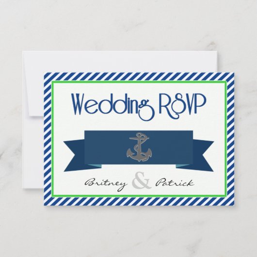 Navy Blue Green White Nautical Wedding RSVP-kaarte RSVP Kaartje (Voorkant)