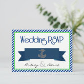 Navy Blue Green White Nautical Wedding RSVP-kaarte RSVP Kaartje (Staand voorkant)