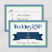 Navy Blue Green White Nautical Wedding RSVP-kaarte RSVP Kaartje (Voorkant / Achterkant)