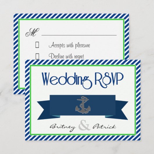 Navy Blue Green White Nautical Wedding RSVP-kaarte RSVP Kaartje (Voorkant / Achterkant)