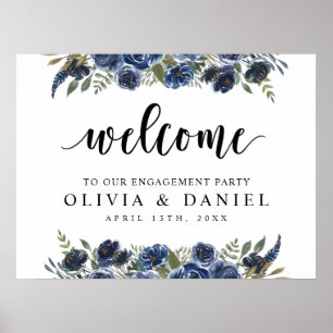 Navy Blue Greenery Engagement Party Welkom Poster