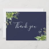 Navy Blue Greenery Floral Elegant Script Bedankkaart (Voorkant)