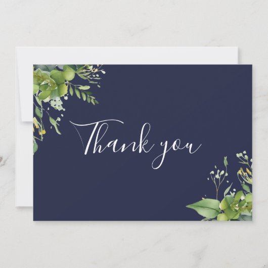 Navy Blue Greenery Floral Elegant Script Bedankkaart (Voorkant)