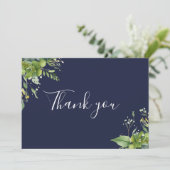 Navy Blue Greenery Floral Elegant Script Bedankkaart (Staand voorkant)