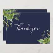 Navy Blue Greenery Floral Elegant Script Bedankkaart (Voorkant / Achterkant)