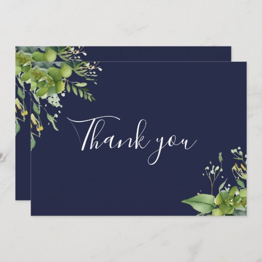Navy Blue Greenery Floral Elegant Script Bedankkaart (Voorkant / Achterkant)