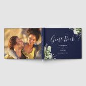 Navy Blue Greenery Floral Photo Wedding Gastenboek (Volledig)