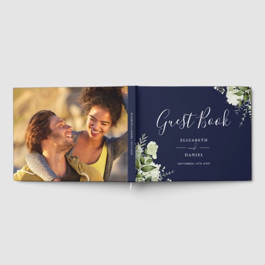 Navy Blue Greenery Floral Photo Wedding Gastenboek (Volledig)