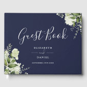 Navy Blue Greenery Floral Photo Wedding Gastenboek (Voorkant)