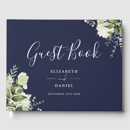 Navy Blue Greenery Floral Photo Wedding Gastenboek (Voorkant)